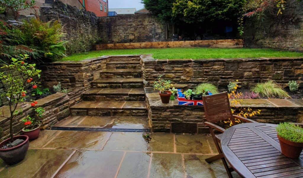 Natural stone walling and Yorkshire paving and steps